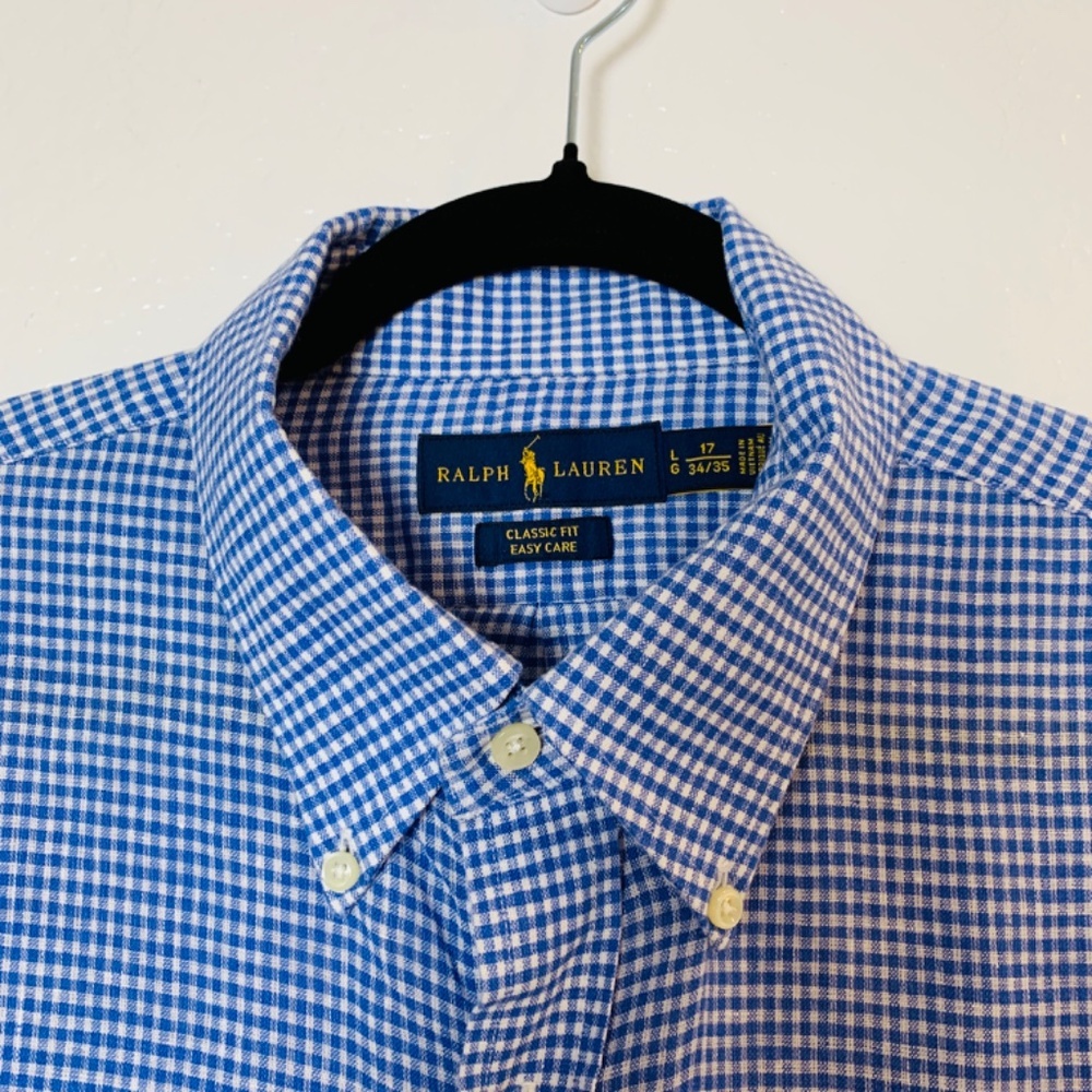 Ralph Lauren Mens Classic Fit Button Down Shirt Size Large 17 34/35 Blue Linen - Picture 2 of 13